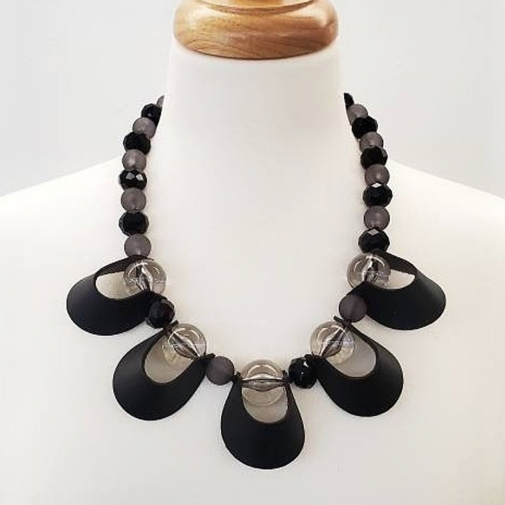Statement Handmade Black and Gray with Faux Leather Accent Beaded Necklace